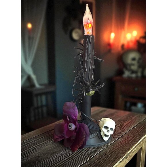 Vtg Upcycled Halloween Candle Window Light Electric flicker bulb Skull Spider Ro - Picture 1 of 9
